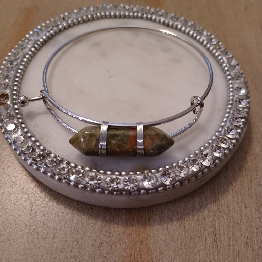Green & Brown Unakite Hexagon Adjustable Wire Bangle Bracelet